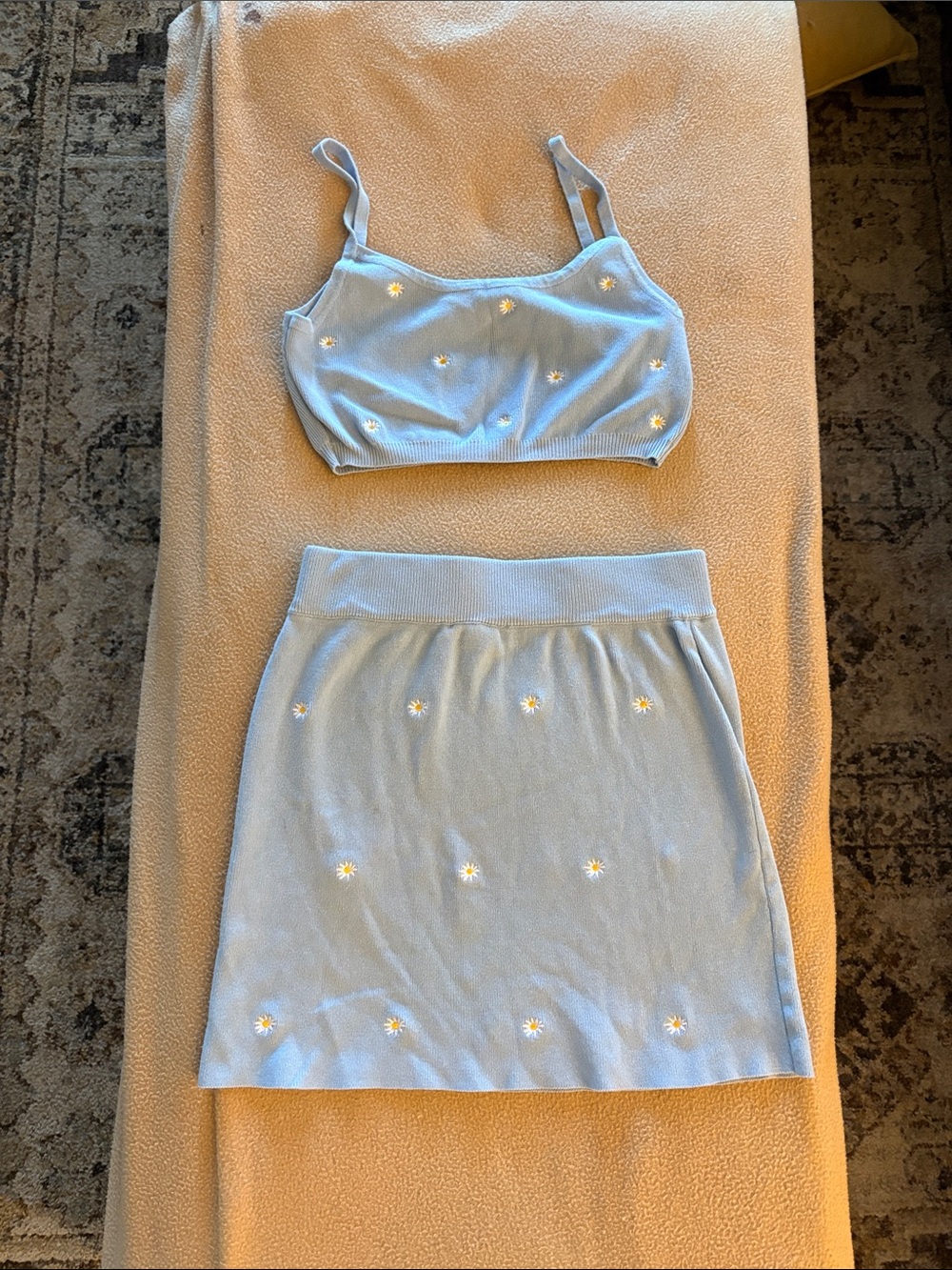 Pacsun Light Blue Daisy-Embroidered Knit Skirt And Top Set - Women's